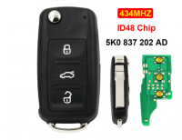 3 botão dobrável flip remoto chave 434 mhz id48 chip sem cortes lâmina 5 k0 837 202 ad para vw passat tiguan polo besouro golf jetta